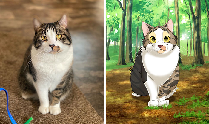 Cat transformed into a Disney-style character, sitting in a forest, capturing the essence of animated pets.