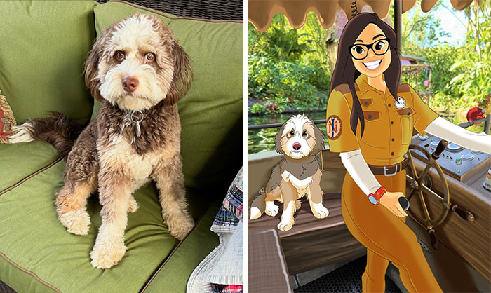 Dog transformed into a cartoon character with a Disney-style human in a jungle tour setting.