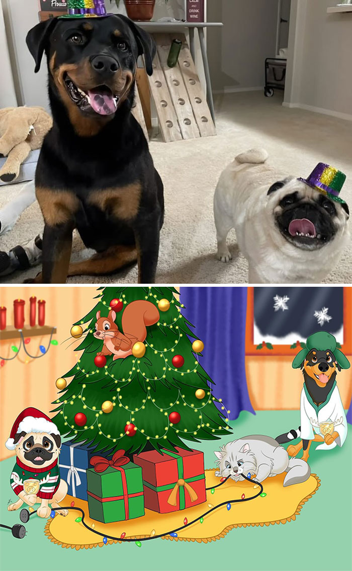 Dogs depicted as Disney-style cartoon characters in a festive Christmas scene by a decorated tree.