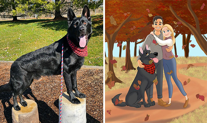 Black dog on a stump and its Disney-style cartoon version with a couple in an autumn forest, showcasing pets as Disney stars.