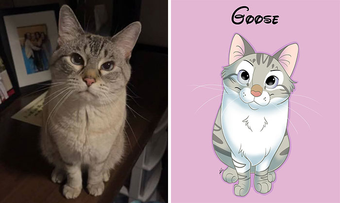 Cat transformed into Disney-style cartoon with a side-by-side comparison of real and illustrated versions.