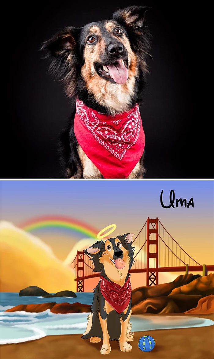 Dog in red bandana with Disney-style portrait by the Golden Gate Bridge.