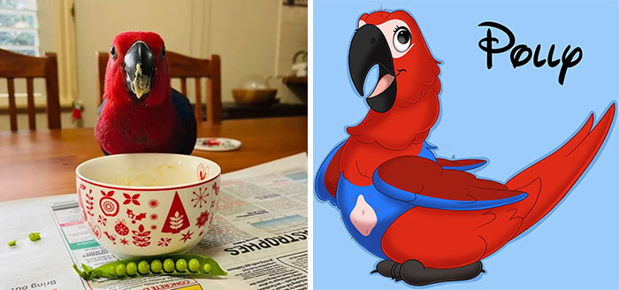 Parrot at a table with cartoon version on the right, embodying a Disney-style transformation.