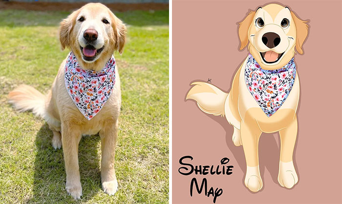 A happy dog wearing a bandana is transformed into a Disney-style character illustration.