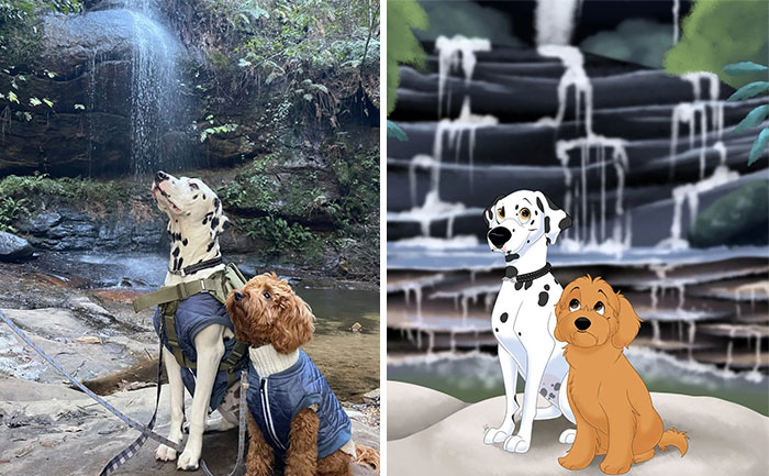 Dogs by a waterfall turned into Disney-style characters, showcasing the transformation of pets into Disney stars.