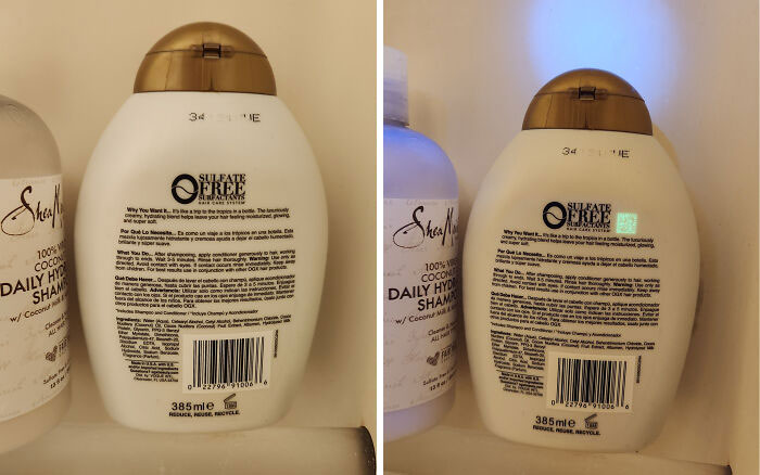 Coconut shampoo bottles with hidden UV-responsive text, showcasing cool products with surprises.