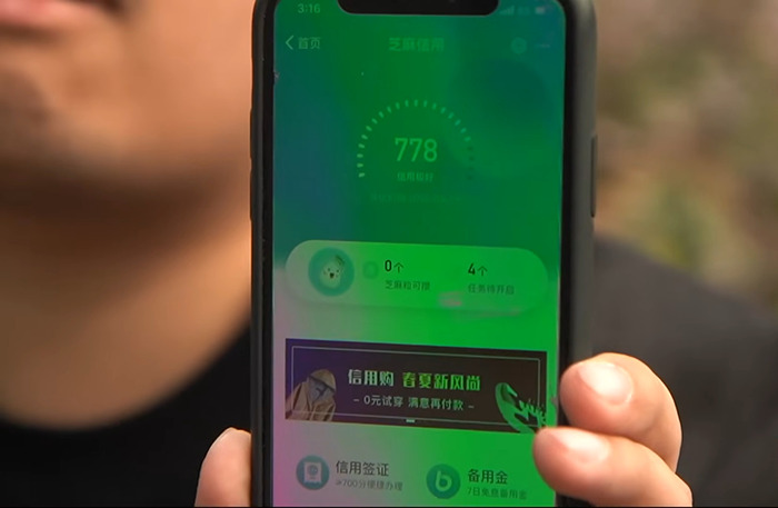 Person holding a smartphone displaying a green app screen with a score of 778, related to Chinese-Canadian insights.