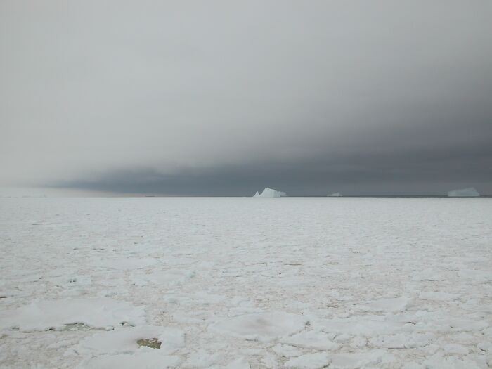 Vast icy landscape under overcast sky, showcasing stunning natural phenomena with distant icebergs.