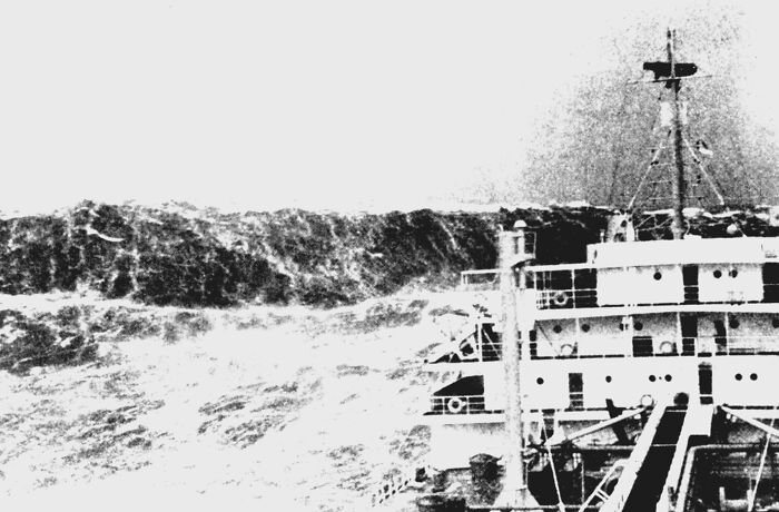 Ship facing a massive rogue wave, illustrating a fact from the “Today I Learned” community.