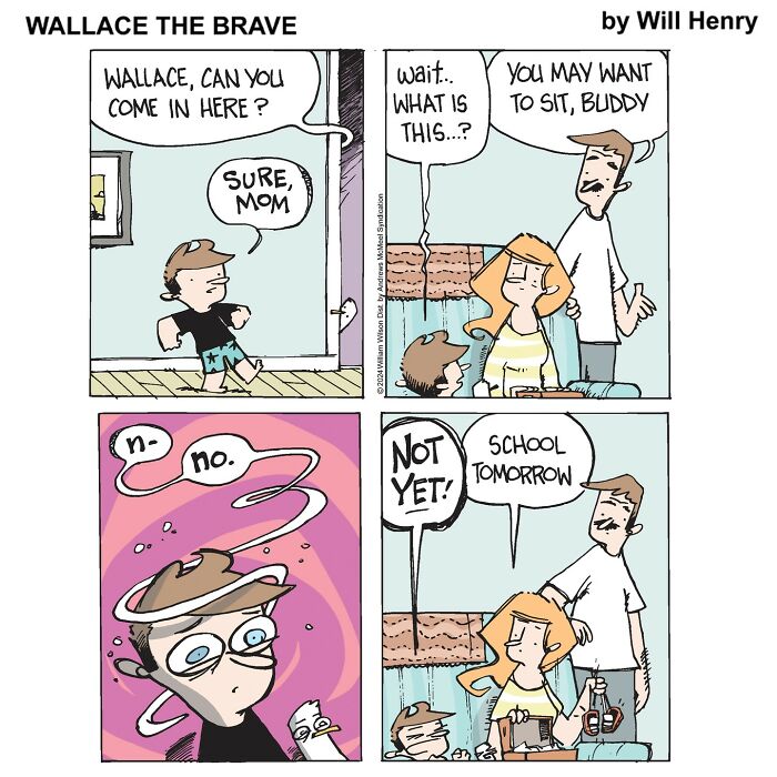 Comic scene by Will Henry shows a family discussing something serious, with a child looking dizzy and parents concerned.