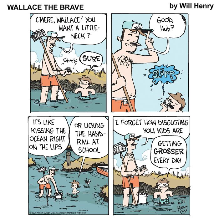 Whimsical comic by Will Henry featuring characters in a humorous creek scene discussing little neck clams.