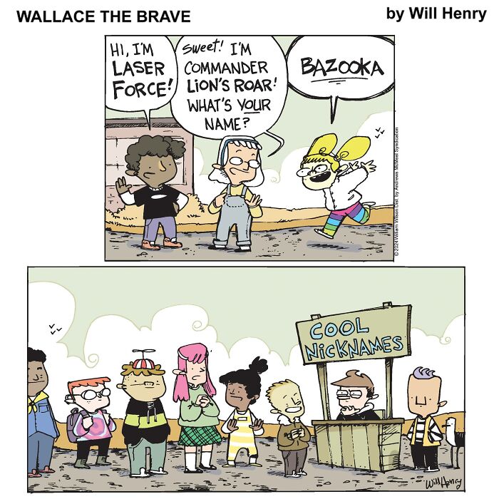 Whimsical comic by Will Henry featuring kids introducing themselves with funny nicknames at a "Cool Nicknames" stand.