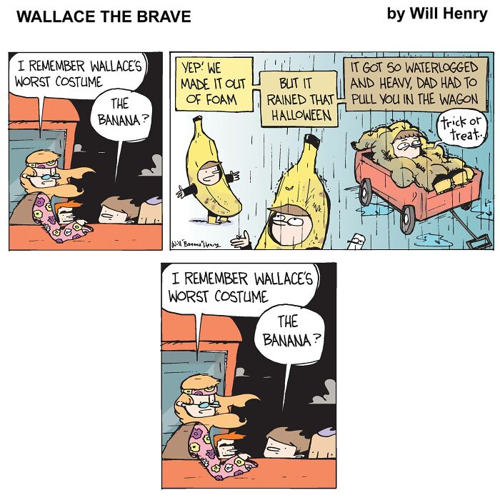 Whimsical comic by Will Henry featuring characters recalling a banana costume on Halloween.