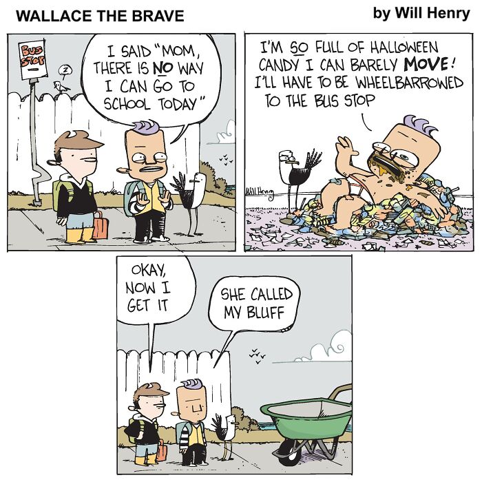 Whimsical comic by Will Henry featuring kids and candy dilemma at the bus stop.