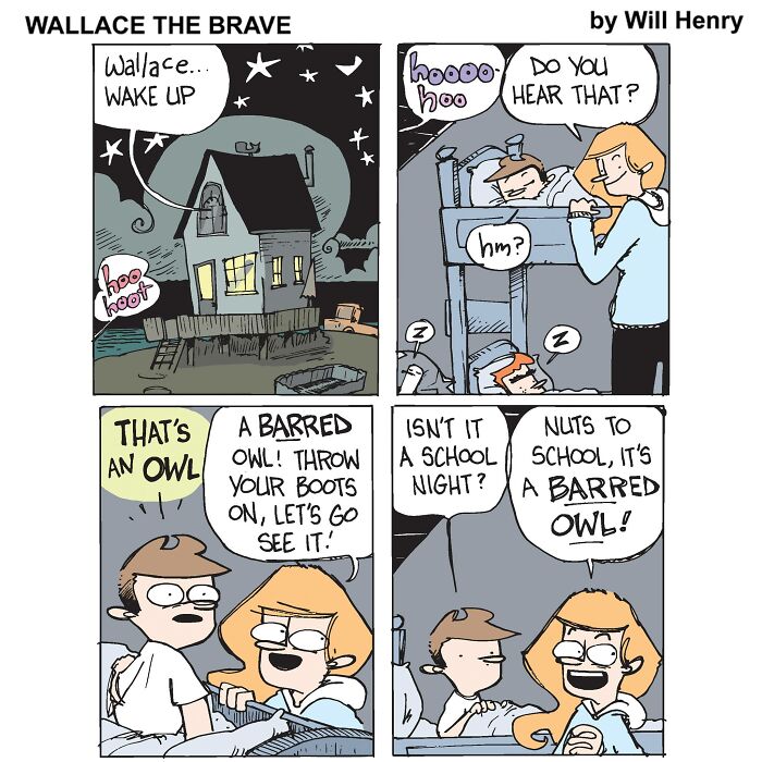 Whimsical comic by Will Henry featuring kids excitedly discussing a barred owl outside their house at night.