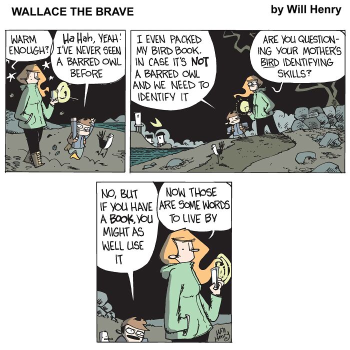 Whimsical comic by Will Henry featuring characters discussing bird identification skills on a walk.