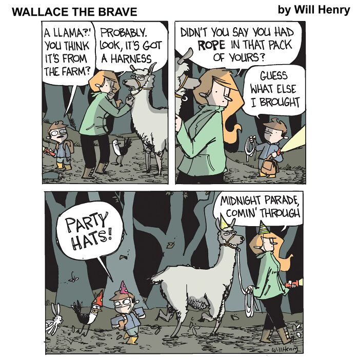 Comic by Will Henry featuring a whimsical scene with a llama, kids in a forest, and dialogue about party hats.