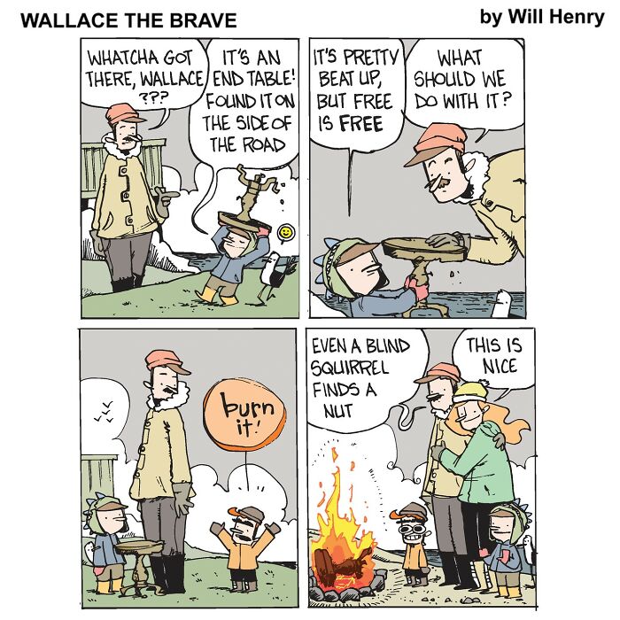 Whimsical comic by Will Henry showing Wallace discussing a found end table and enjoying a campfire with friends.