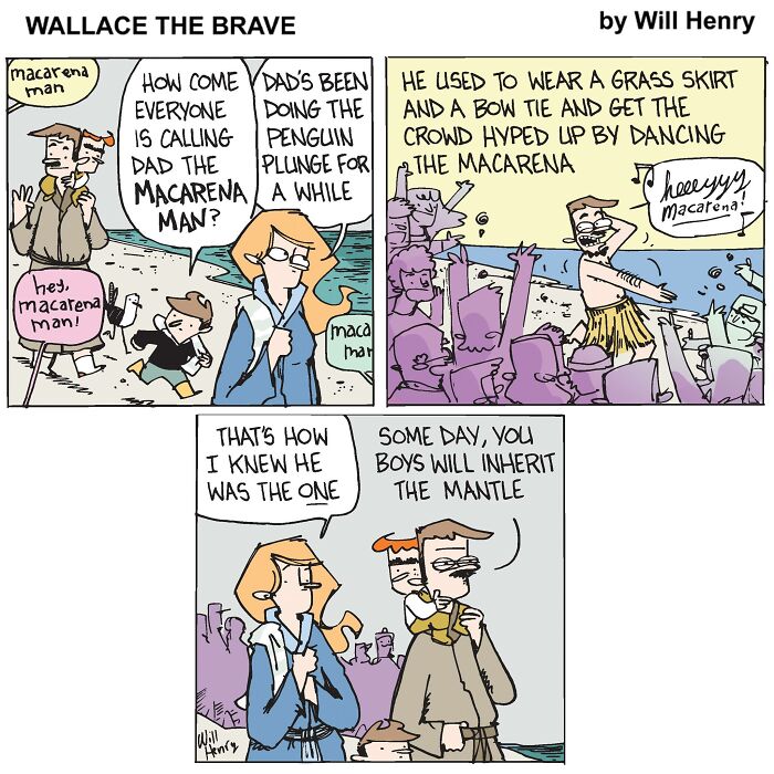 Whimsical comic by Will Henry featuring a character called "Macarena Man" with humorous dialogue on the beach.