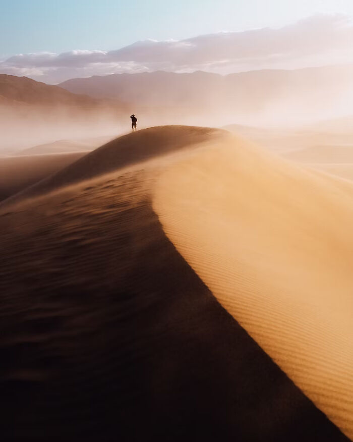 A lone figure walks along a sunlit sand dune, capturing a winning photo in the desert landscape.