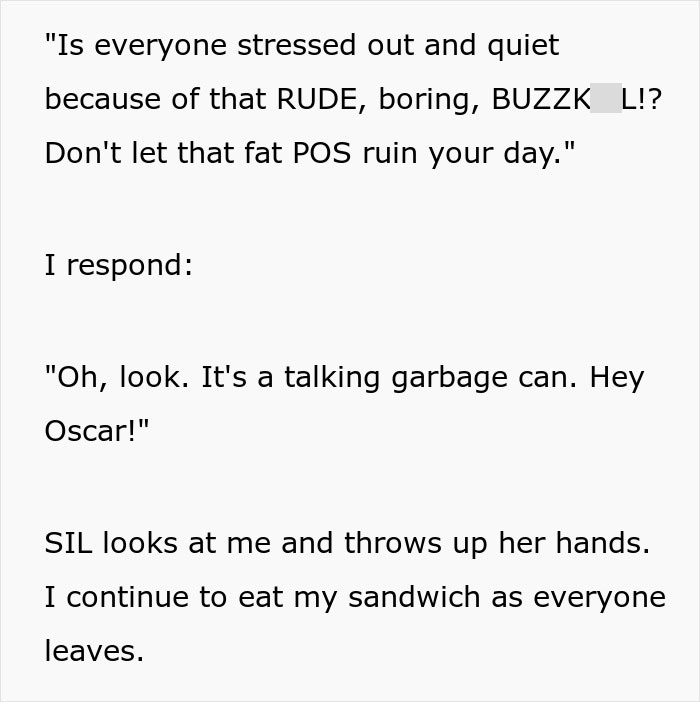 Text exchange about in-laws dinner exclusion, with humorous response calling someone a "talking garbage can.