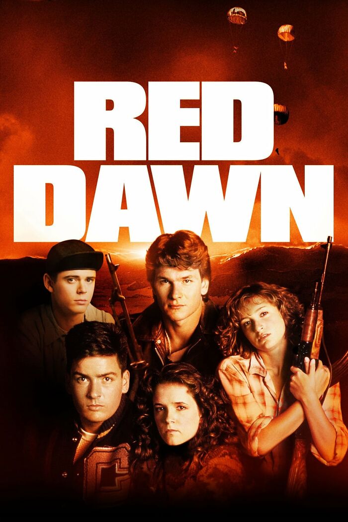 Cover of "Red Dawn" featuring the cast with a dramatic sky, highlighting its status as a nostalgia movie.