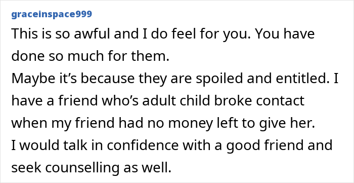 Comment discussing a situation where adult children abroad have blocked family; includes advice and empathy.