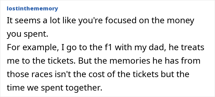 Screenshot of a Reddit comment discussing the importance of time spent with family over money spent.