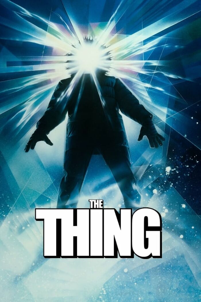 "The Thing movie poster with figure silhouette and bright light, representing best nostalgia movies."