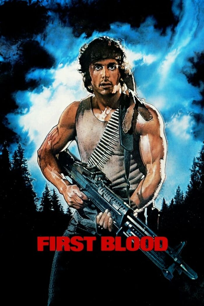 Muscular character holding a large gun in a forest setting, promoting a classic nostalgia movie.