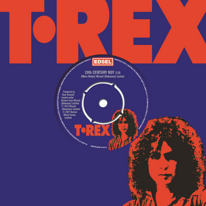 T. Rex's "20th Century Boy" record cover, vibrant red and blue design, iconic '70s song.