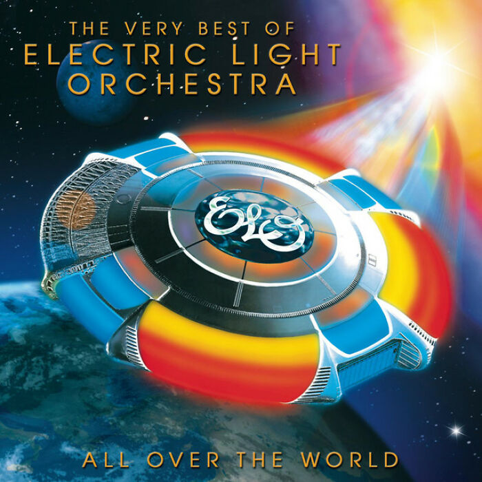 Album cover of Electric Light Orchestra's "All Over the World" with a colorful spaceship orbiting Earth.