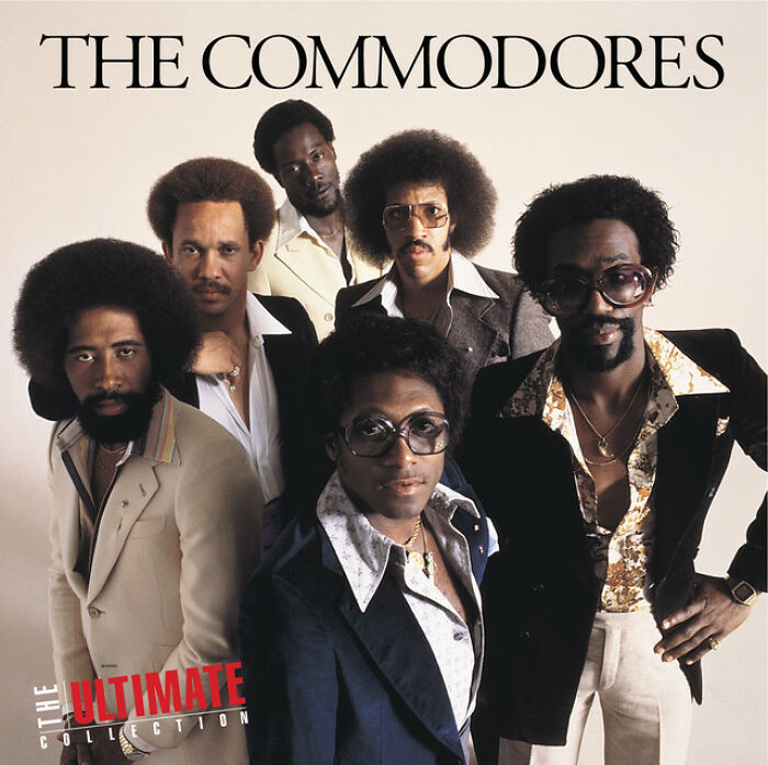 The Commodores band posing for "The Ultimate Collection" album, representing iconic '70s songs.