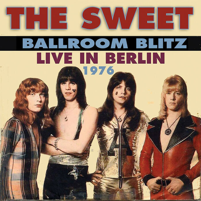 '70s band The Sweet posing for "Ballroom Blitz" live album cover in Berlin, 1976.