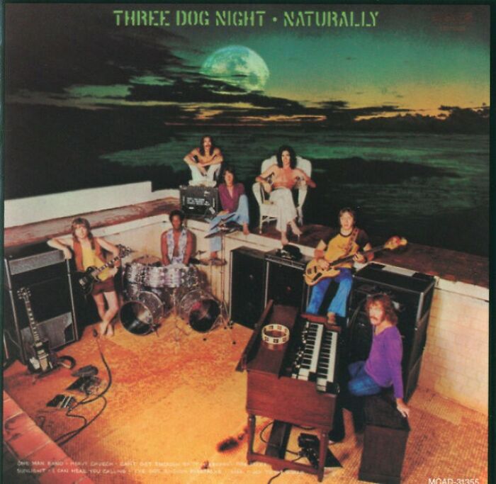 '70s band Three Dog Night performing on a rooftop, showcasing classic hits with instruments under a moonlit sky.