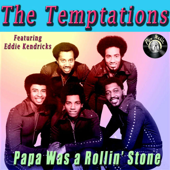 The Temptations 'Papa Was a Rollin' Stone' album cover featuring band members in matching outfits, 1970s music.