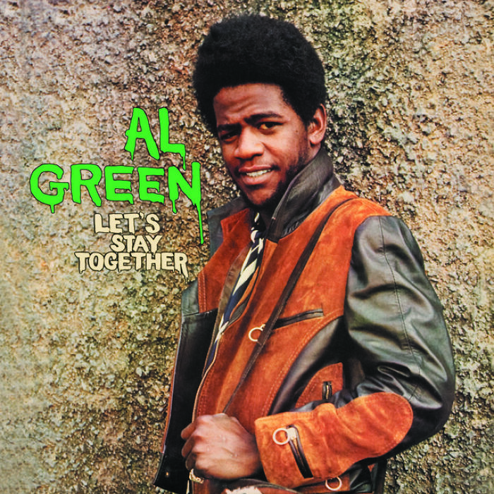 Cover of '70s song "Let's Stay Together" by Al Green, featuring Al leaning against a textured wall in a stylish leather jacket.