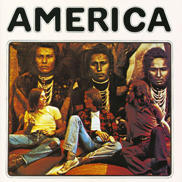 Alt text: "America '70s album cover illustration with three men sitting, blending vintage and modern styles."