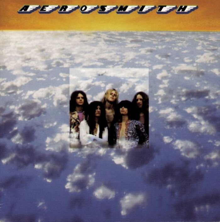 Aerosmith album cover with band members against a cloudy sky, representing iconic '70s songs.