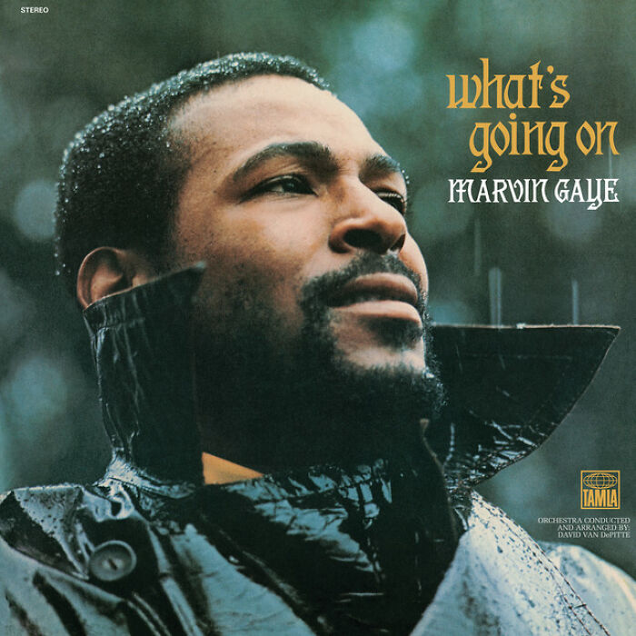 '70s song cover with Marvin Gaye, wearing a black coat and looking upward, from "What's Going On" album.