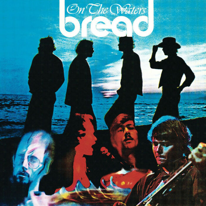 Album cover of 'On The Waters' by Bread, featuring silhouettes of '70s band members by the sea at sunset.