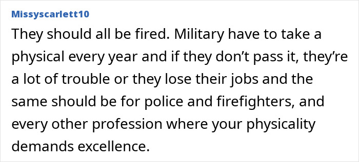 Text image discussing physical standards for military, police, and firefighters, related to overweight firefighter leaders controversy.