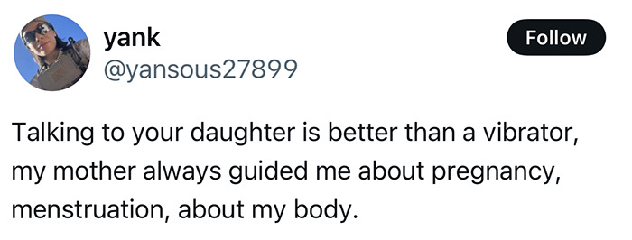 Tweet discussing guidance about body awareness, not using intimate toys, featuring user yank.