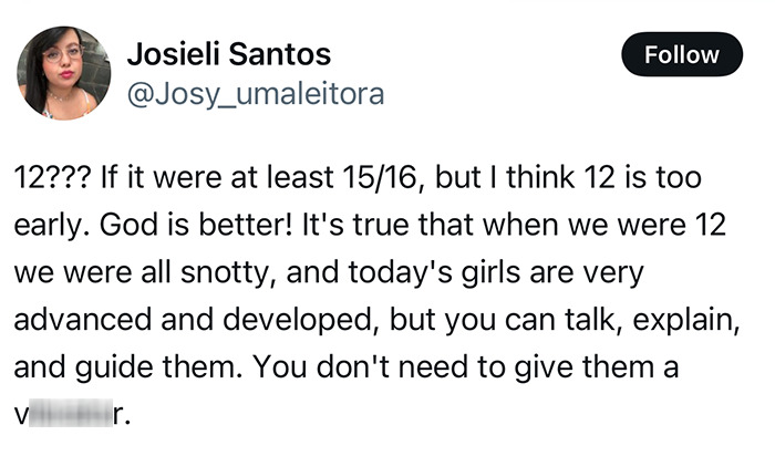 Tweet criticizing mom for giving intimate toy to daughter too early, suggesting age 12 is inappropriate.