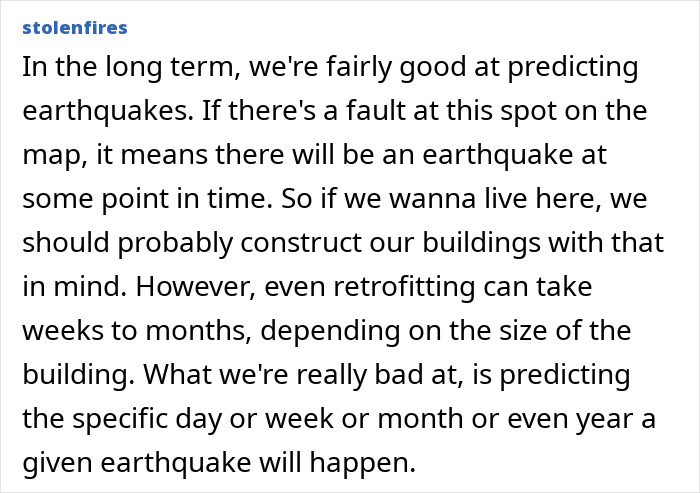 Text discussing earthquake prediction challenges and construction considerations.