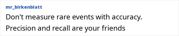 Text about rare events measurement highlights precision and recall.