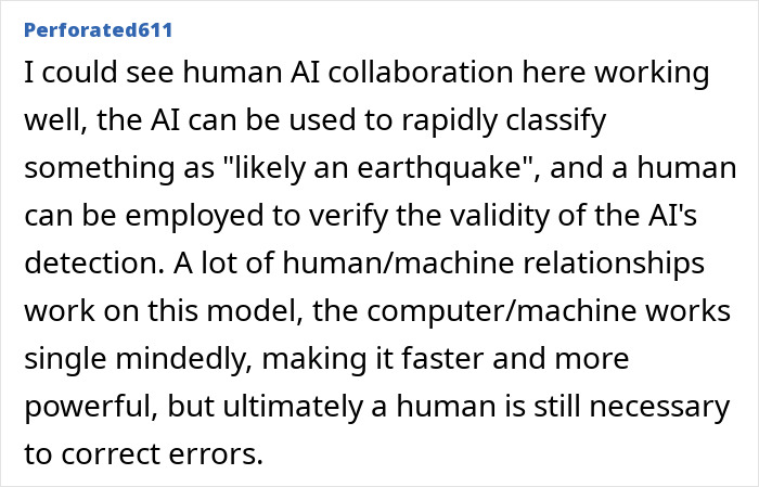 Text discussing AI and human collaboration in detecting earthquakes.