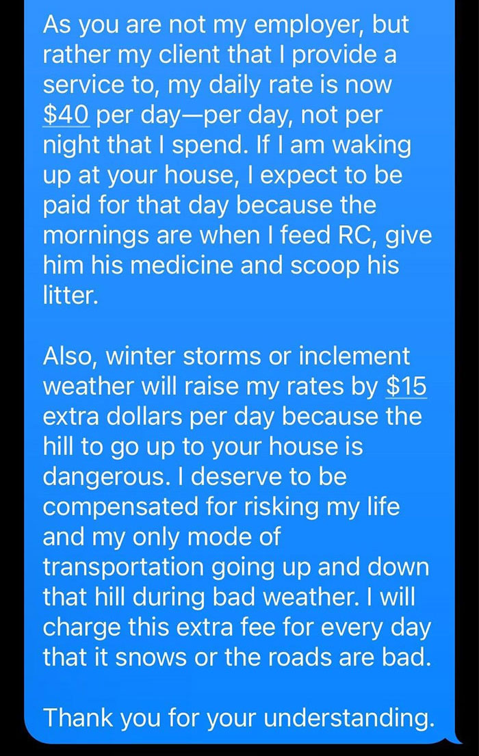 Text conversation about pet sitter increasing rates due to client demands and inclement weather conditions.