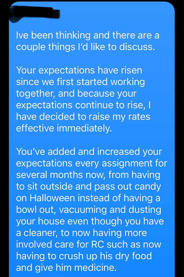 Text exchange about a pet sitter raising their rates due to extra tasks from a client.