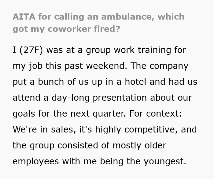 Text about calling ambulance causing coworker to be fired at work training event.